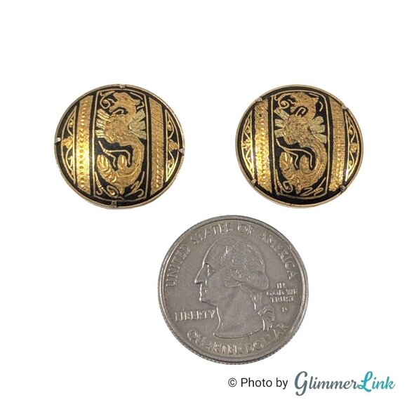 Vintage Damascene Dragon Round Button Gold Tone Clip On Earrings - Picture 5 of 10